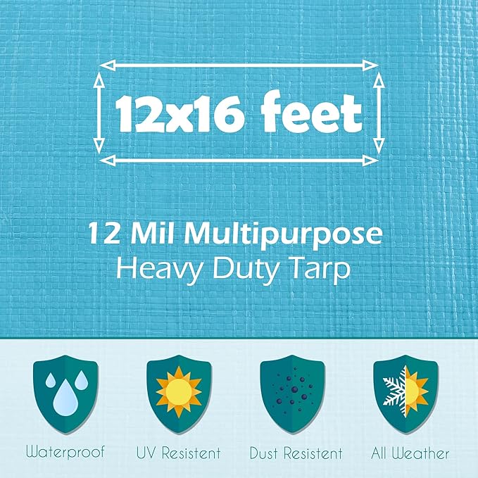 Tarps Heavy Duty Waterproof 12x16-12 mil Thick Camping Tent - Blue Tarp 12x16 UV Resistant, Rip & Tear Proof with Metal Grommets – Multipurpose Use for Camping, Tent, Boat, RV, Car, & Pool Cover