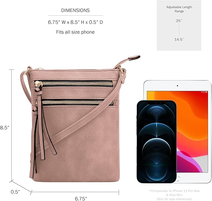 DELUXITY | Crossbody Purse Bag | Functional Multi Pocket Double Zipper Purse | Adjustable Strap | Medium Size Purse |Mauve