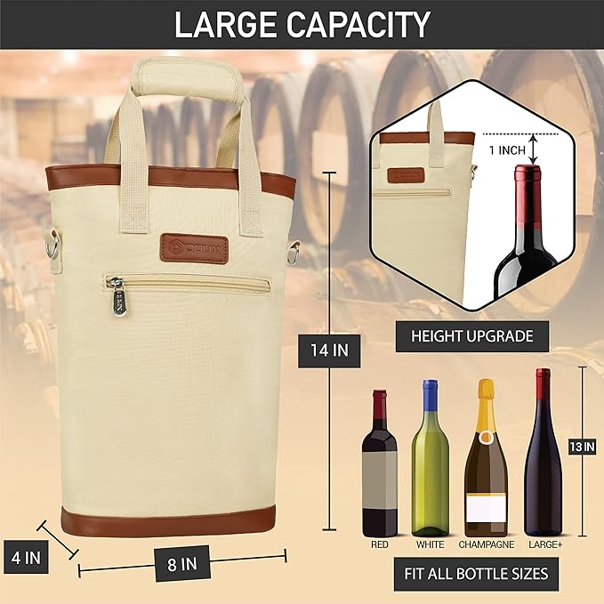 opux Two Bottle Wine Bag Carrier Tote, Insulated Leakproof 2 Bottle Wine Cooler Bag for Travel BYOB Picnic, Portable Wine Case, Gift for Men Women Wine Lover Birthday Party Christmas, Cream Beige