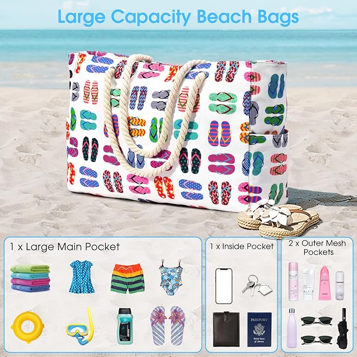 Becokan Beach Bags for Women Large Waterproof Beach Tote Bag Zipper Beach Bags Waterproof Sandproof Swim Pool Bag Large Tote