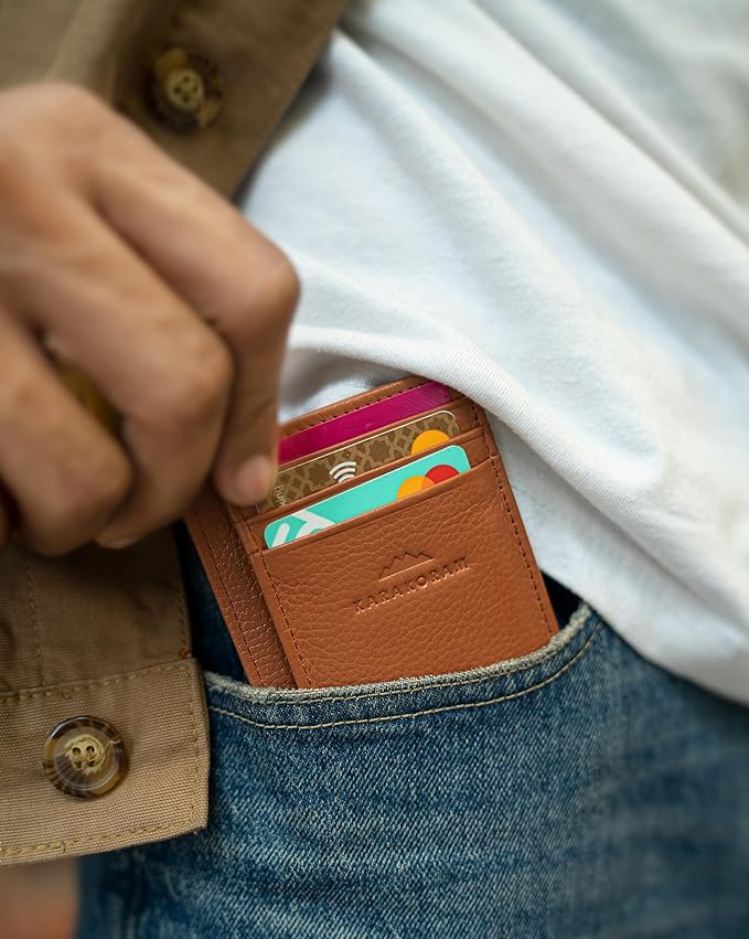 KARAKORAM Vertical Handcrafted Premium Leather Front Pocket Credit Card Holder with RIFD Protection | Artisan Made Slim Leather Wallet | Finger Glide Slots for Cards and ID (Rocky Terrain Brown)