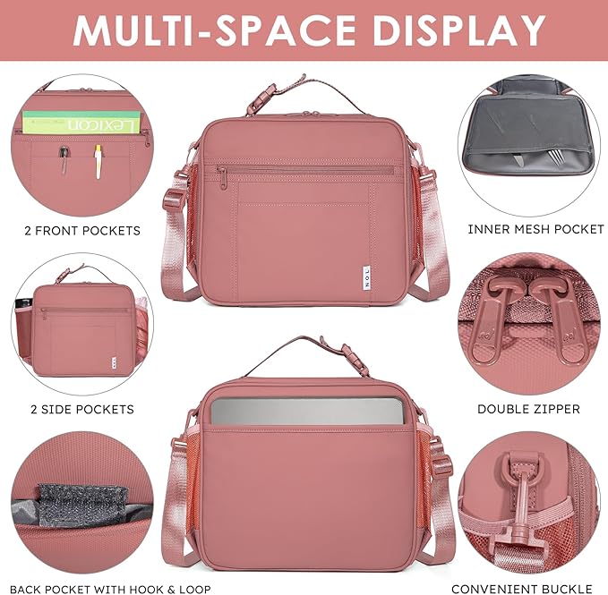 NOL Kids Lunch Bag for School, Reusable Insulated Lunch Box & Children's Tote Bag with Zipper Closure, Buckle Handle, Adjustable Long Shoulder Strap, Easy-Clean Waterproof Fabric Lunchbox - Dark Pink