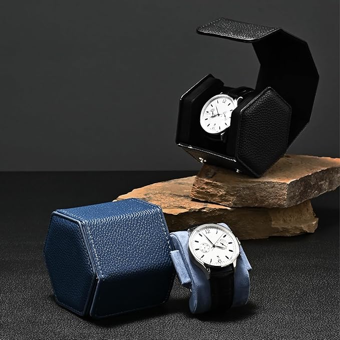 Oirlv Luxury Hexagonal Leather Watch Travel Case Single Watch Box for Men Portable Jewelry Storage Roll Organizer (1-Slot,Black)