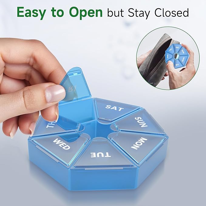 Weekly Pill Organizer, 2 Pack Portable Pill Box Medicine case 6 Colors (Seven Day) New Edition for Vitamin/Fish Oil/Pills/Supplements-Arthritis Friendly (Blue)