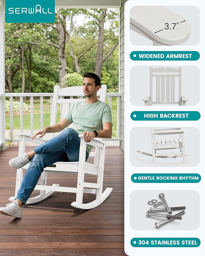 SERWALL Outdoor Rocking Chair, HDPE Patio Rocking Chair All-Weather Porch Rocker for Balcony, Yard, White