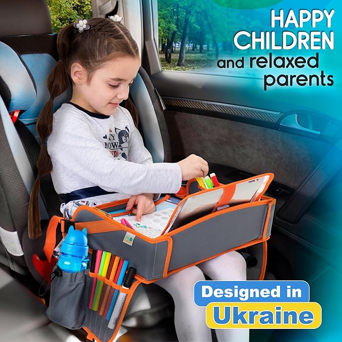 Kids Travel Tray - Waterproof Car Table with No-Drop Large Tablet Holder - Car Seat Tray - Road Trip Must Haves - Kids Lap Desk Organizer for Airplane - Toddler Travel Essentials (Orange)