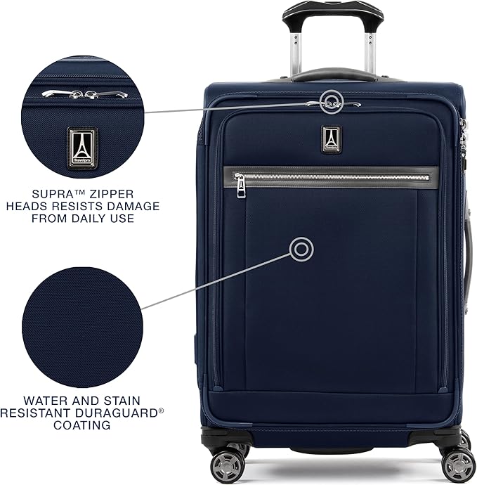 Travelpro Platinum Elite Softside Expandable Checked Luggage, 8 Wheel Spinner Suitcase, TSA Lock, Men and Women, Dark Blue, Checked Medium 25-Inch