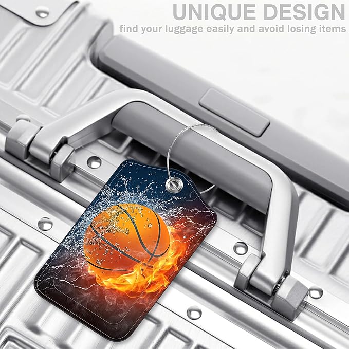 Basketball on Fire Set of 2 Luggage Tags for Suitcases Leather Suitcase Tags Identifiers with Privacy Name Address Label and Stainless Steel Loop for Women Men Travel Luggage Accessories