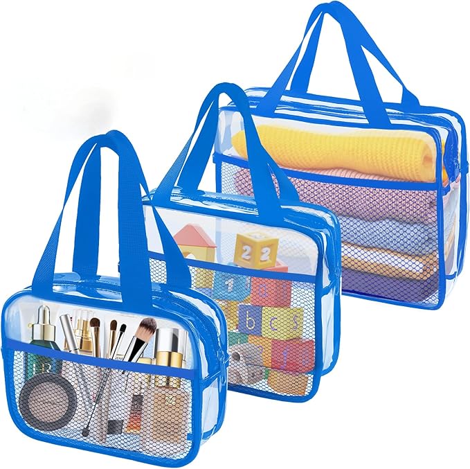 XEWEA Clear Travel Toiletry Bags, 3 Pack TSA Approved Transparent Makeup Bag for Men Women, Large Waterproof PVC Quart Organizer with Zipper for Toiletries Airline Essentials,Toy Storage Pouch Blue