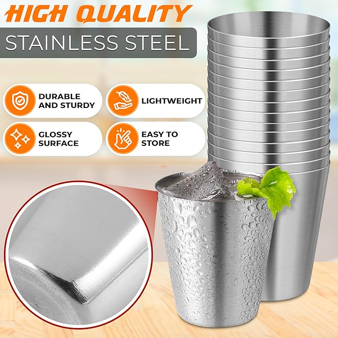 VIKROM 15 Pcs Stainless Steel Shot Glasses - 30ml (1oz) Tiny Metal Shot Glasses, Lightweight and Easy to Store, Durable Metal Shots for Parties, Easy to Clean, Good for Hiking, Travels, and Picnics