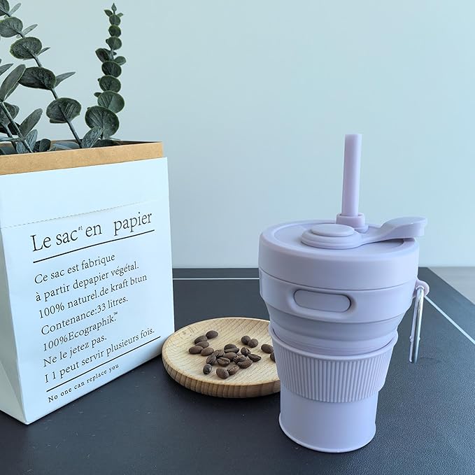 Silicone Collapsible Travel Mug Purple 15oz / 450ml - Leak-Proof Reusable Silicone Water Bottle for Hot and Cold Beverages - Travel Office and Home - Dishwasher Safe - Straw Included