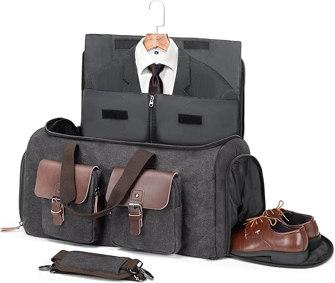 Canvas Garment Bags for Travel, Convertible Carry On Garment Duffel Bag for Men Women, 2 in 1 Suit Bag Hanging Suitcase Business Travel Bag with Shoe Compartment (Grey, XL)