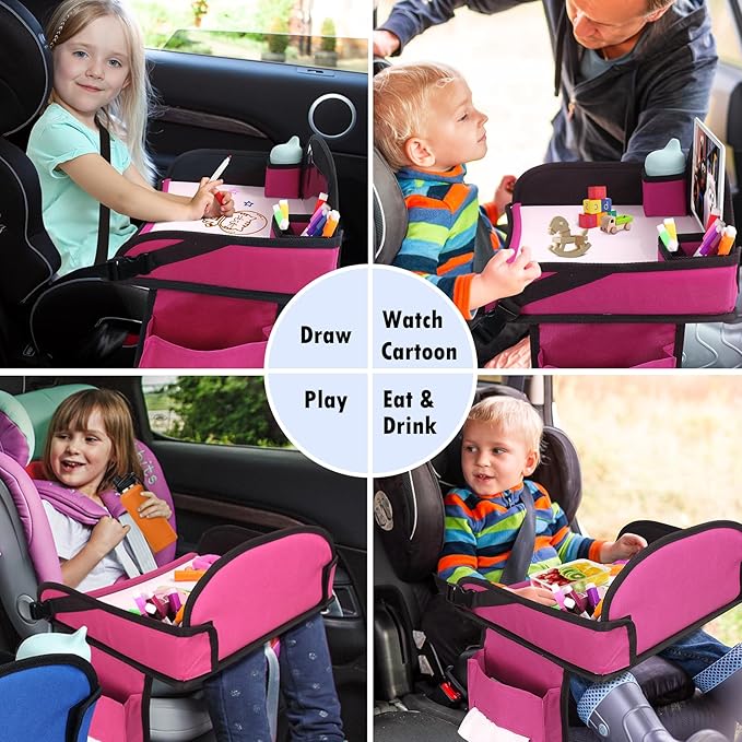 Kids Travel Tray for Airplane - Toddler Car Seat Table Tray, Road Trip Essentials for Boys & Girls, Carseat Lap Desk for Kids Road Trip Activities (Pink)
