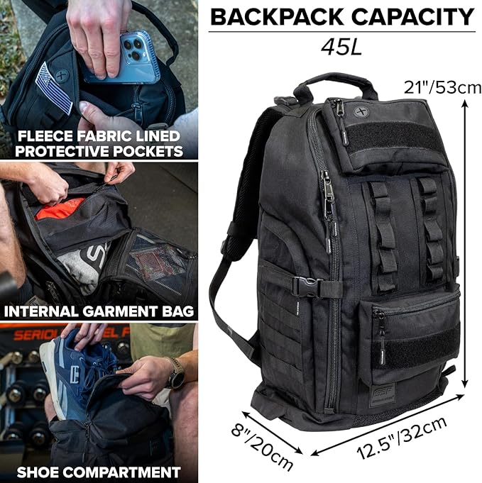 SERIOUS STEEL FITNESS Tactical Backpack and Gym Bag 1000D Nylon Black