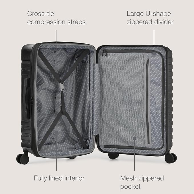 U.S. Traveler Boren Polycarbonate Hardside Rugged Travel Suitcase Luggage with 8 Spinner Wheels, Aluminum Handle, Black, 3-Piece Set, USB Port in Carry-On