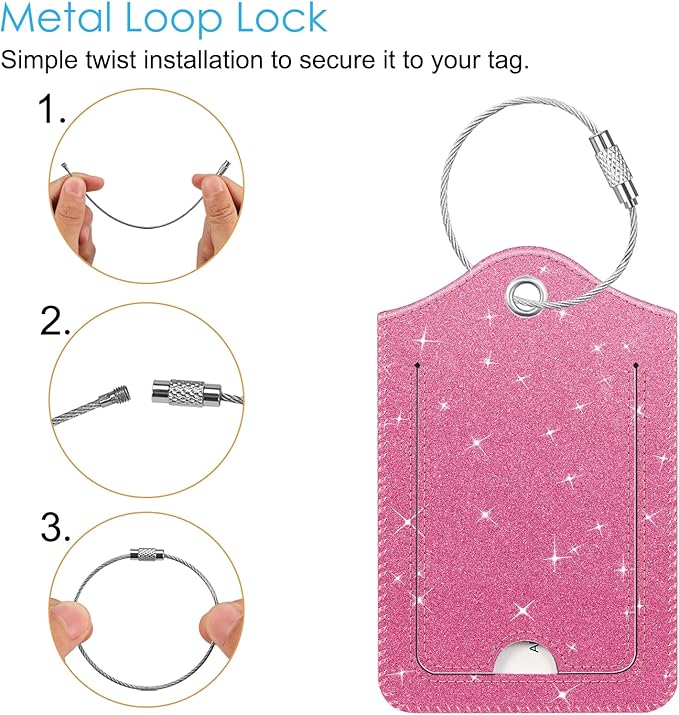 Fintie Luggage Tags, Privacy Cover ID Label with Stainless Steel Loop and Address Card for Travel Bag Suitcase - Sparkling Rose Red (2 Piece)