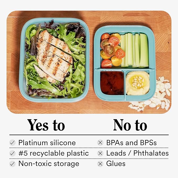 STOJO Collapsible Bento Box, Reusable, Leak-Proof, Microwave & Dishwasher Safe, Premium Lunch Container with Divider – Space-Saving, Transparent Design (Eucalyptus, 6-Cup/1.5L)