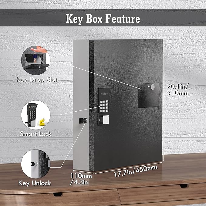 WeHere 56 Keys Lock Box, Key Cabinet with Key Drop Slot, APP Bluetooth/OTP/Wi-Fi, Fixed Code/Key Unlock, Large Key Return Box for Hotel,Car Dealerships,Realtors,Office,School