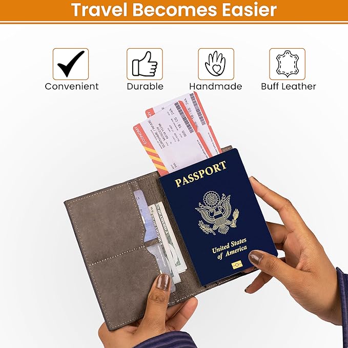 LEATHER VILLAGE Leather Passport Holder Cover – Travel Wallet with Card Slots, Vintage Passport Case for Men & Women – Cute Organizer for Travel Accessories & Documents - Grey