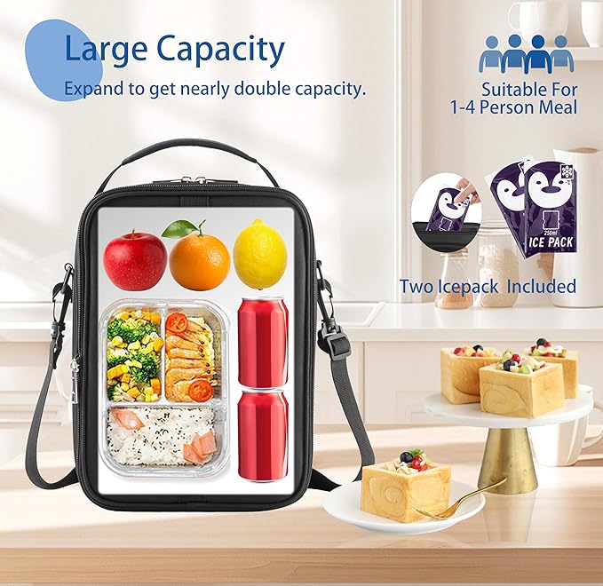 Expandable Lunch Bag for Men, (10.7L) Insulated Lunch Box, Portable Large Cooler Bag with Shoulder Straps for Men Women Adult for Work College Travel, Black