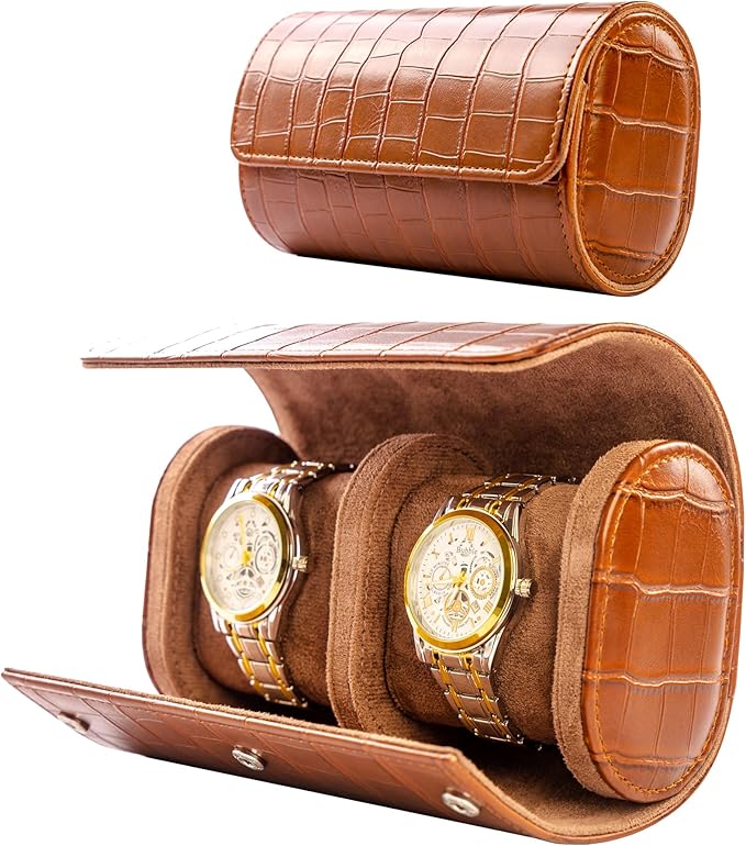 MR.OKAY 2 Watch Travel Case- Classic Leather Watch Case With Superb Texture.(Portable Watch Roll Or Organizer For Storage And Display).Festival Gift For Men ndcrafted By Artisans.