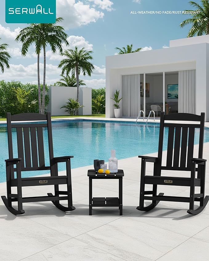 SERWALL Outdoor Rocking Chair, HDPE Patio Rocking Chair All-Weather Porch Rocker for Balcony, Yard, Black