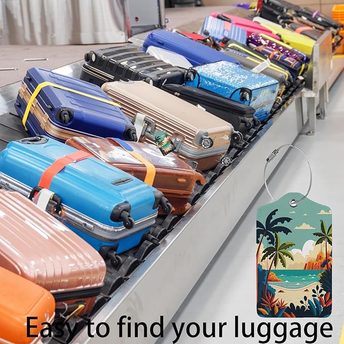 Cartoon Summer Beach 2 Pcs Luggage Tags,Privacy Cover ID Label with Stainless Steel Loop and Address Card for Travel Bag Suitcase
