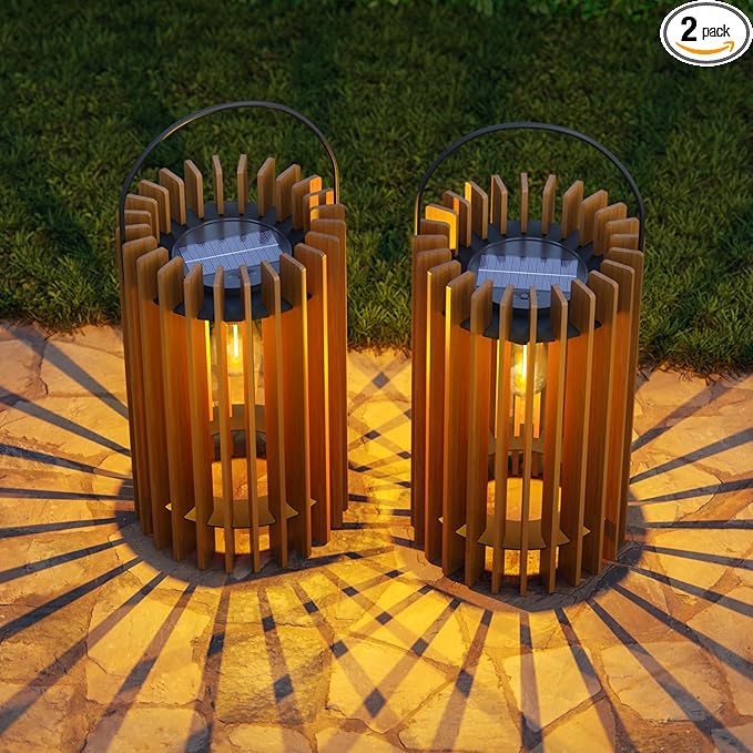 2 Set Solar Lantern Outdoor Rattan Lamp Outside Lights Hanging LED with IP44 Rating for Patio Garden Decor Porch Yard Table Top Decorative Tree Home