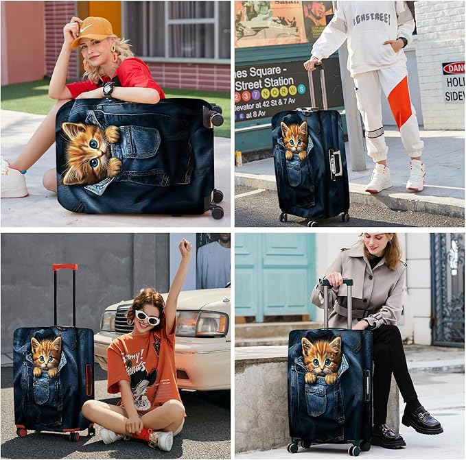 ANNA QUEEN Cute Kitten in Pocket Luggage Cover, Funny Cat Suitcase Protector with Denim Print, Stretchable & Washable Spandex Travel Cover for 32-34 Inch Luggage
