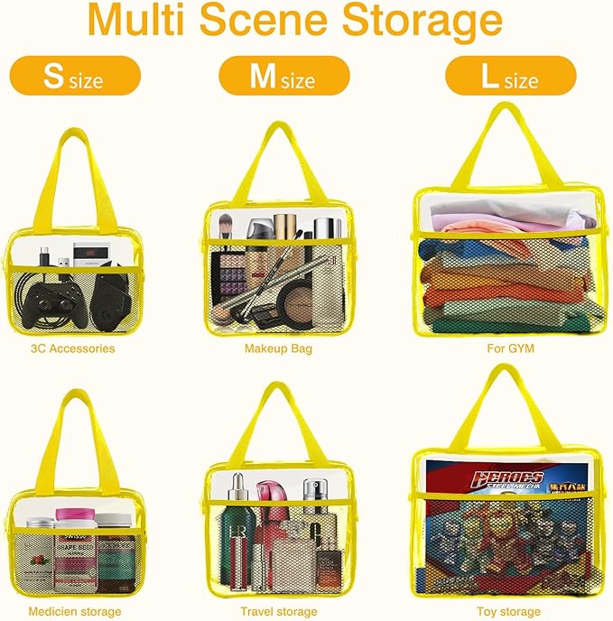 XEWEA Clear Travel Toiletry Bags, 3 Pack TSA Approved Transparent Makeup Bag for Men Women,Large Waterproof PVC Quart Organizer Kit with Zipper for Toiletries Airline Essential,Toy Pouch Yellow