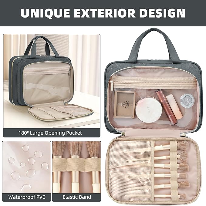 BAGAIL Hanging Toiletry Bag for Women Water-resistant Cosmetic Bag Large Capacity Travel Makeup Organizer for Full-Sized Travel Essentials(Standard, Grey)