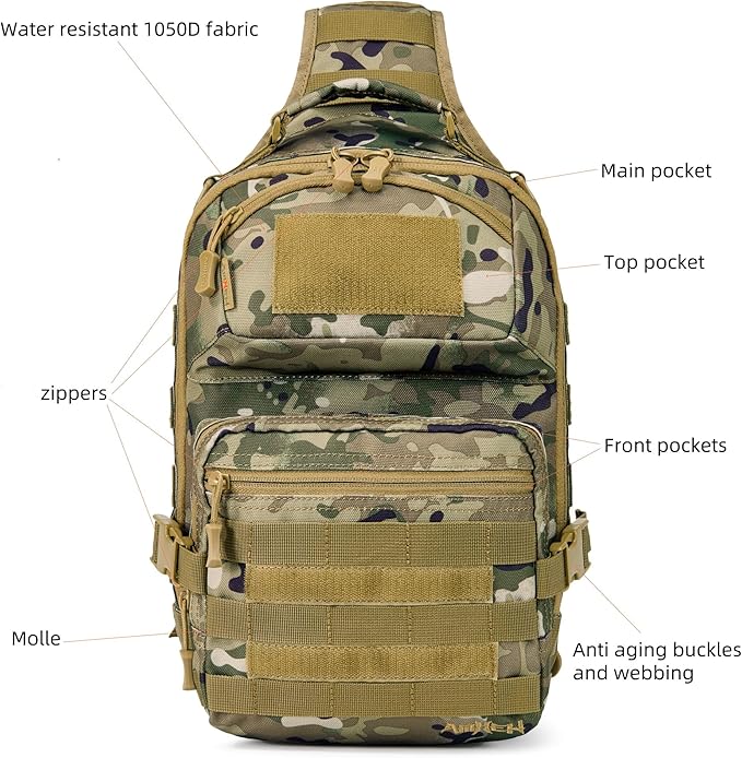 15L Tactical Crossbody Sling Bag | Everyday One Shoulder Backpack Fit 12 Inch Laptop, Molle, Daily Use, Travel, Hiking (Camo)