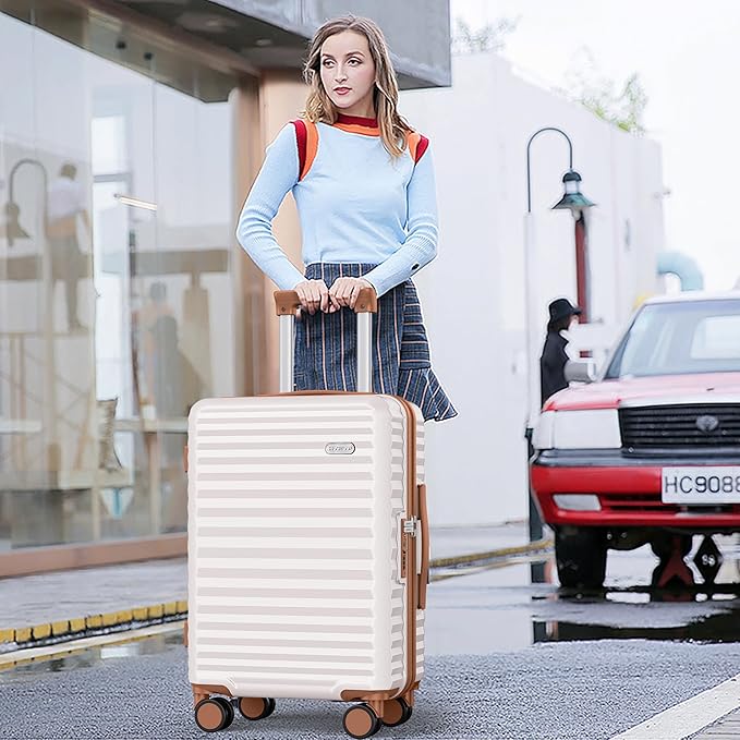 SHOWKOO Luggage Sets 3 Piece Hardside Expandable Suitcase with Double Spinner Wheels Tsa Lock Beige White (20in/24in/28)