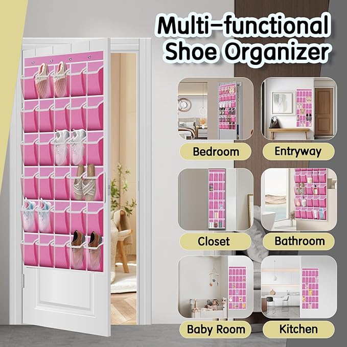 Over the Door Shoe Organizer with 30 Breathable Mesh Pockets - Large Capacity Closet Storage for Men & Women, Hanging Shoe Rack Organizer -Pink