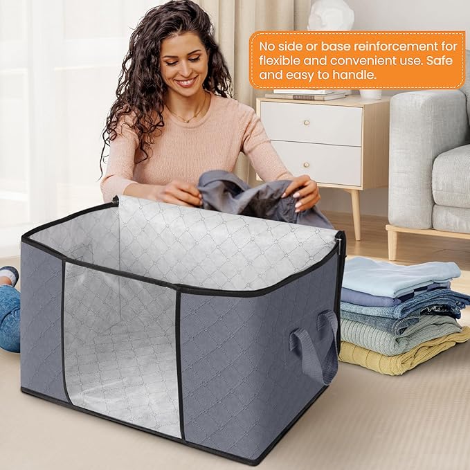 Fab totes 24 Gallons Clothes Storage, Foldable Thick Fabric Blanket Storage Bags, Containers for Organizing Bedroom, Closet, Clothing, Comforter, Organization with Handle (4 Pack,Grey)