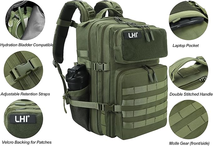LHI Military Tactical Backpack for Men and Women 45L Army 3 Days Assault Pack Bag Large Rucksack with Molle System - Green