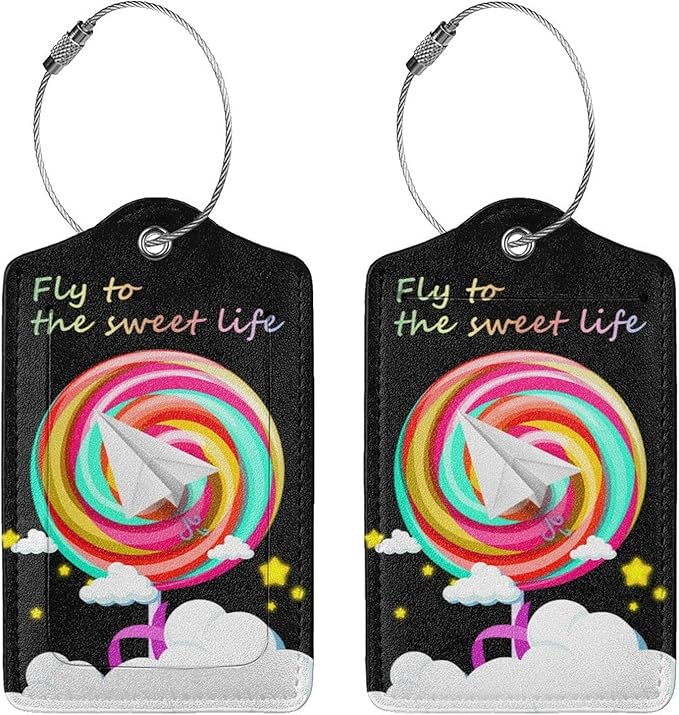2 Pack Luggage Tag for Suitcase, Cute Unique Leather Suitcase Tags Identifiers with Privacy Name Address Labels & Durable Steel Loop for Women Men Travel