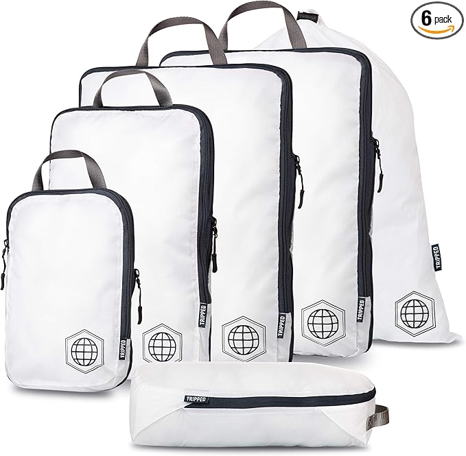 Large Compression Packing Cubes 6 Piece Set for Travel with Lightweight Laundry Bag for Carry-On Suitcase by TRIPPED Travel Gear (White)
