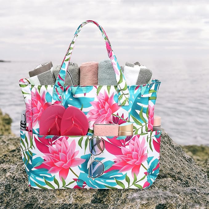 LEDAOU Large Beach Tote Bag Women Waterproof Sandproof Zipper Beach Tote Bag for Pool Gym Grocery Travel with Wet Pocket