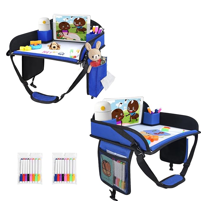 2Pcs‎ Kids Travel Tray, Kids Travel Trays for Car Seat, Road Trip Essentials for Toddler, Carseat Lap Tray with Dry Erase Board & Storage Organizer for Road Trip Activities for Kid, Blue
