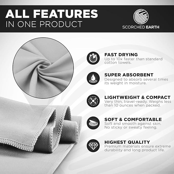 ScorchedEarth Microfiber Travel & Sports Towel Set - Quick Dry, Super Absorbent, Compact, Lightweight - for Camping, Backpacking, Hiking, Beach, Yoga, Swimming - Includes 2 Sizes + Carrying Bag & Clip