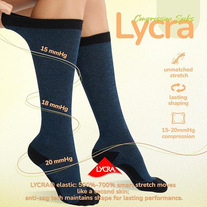 Merino Wool Compression Socks for Women Men, 15-20 mmHg Knee High Socks for Flying, Travel, Running