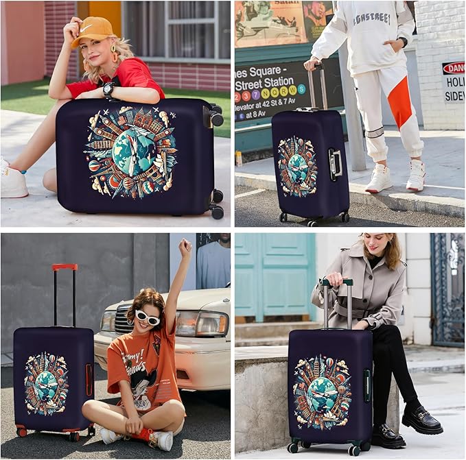ANNA QUEEN World Landmarks Luggage Cover, Dark Travel-Themed Suitcase Protector with Airplane & Globe Design, Stretchable, Washable Luggage Sleeve for 32-34 Inch Suitcases