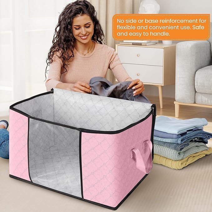 Fab totes 24 Gallons Clothes Storage, Foldable Thick Fabric Blanket Storage Bags, Containers for Organizing Bedroom, Closet, Clothing, Comforter, Organization with Handle (3 Pack,Pink)