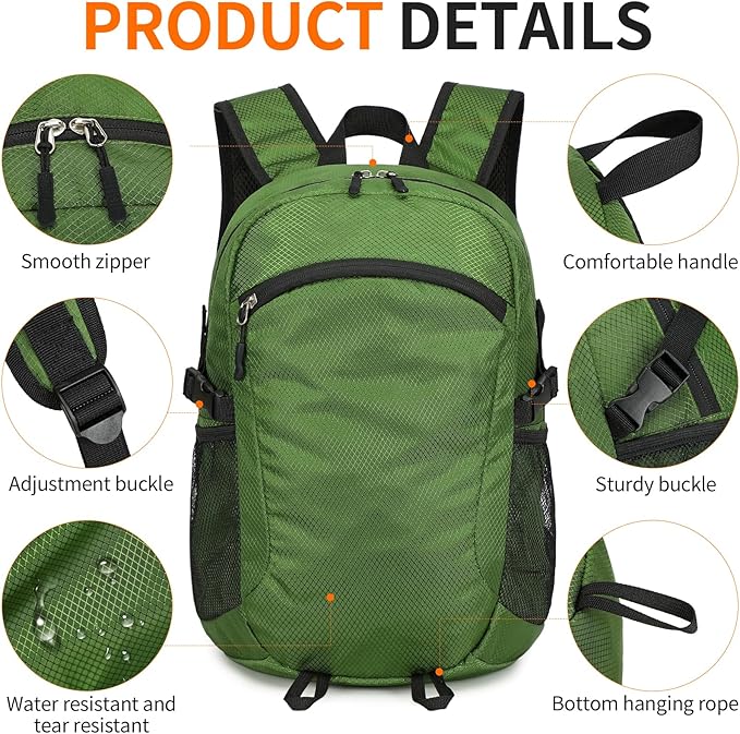 Small Hiking Daypack,15L Water-Resistant Hiking Backpack Packable Lightweight Travel Day Pack for Women Men (Green, Small)