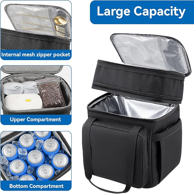 Lunch Box for Men Women, Large Expandable Insulated Lunch Bag, Double Deck Leakproof Cooler Bag for Adults Work Office Outdoor Beach Trips, Black 16L