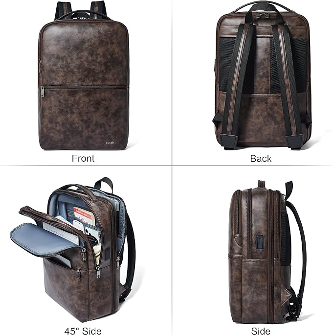 Vegan Leather Laptop Backpack for Women&Men,16 Inch Expandable Backpack with USB Charging Port,Two-toned Coffee