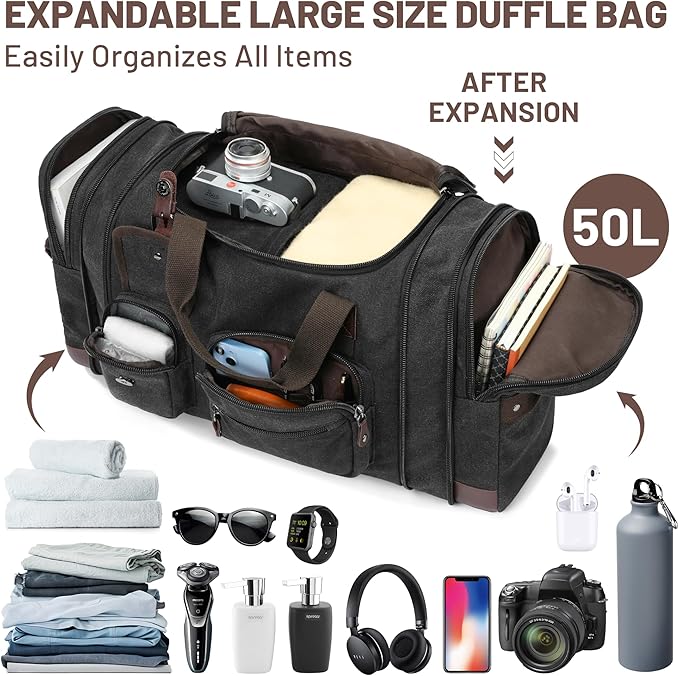 Travel Duffle Bag for Men, Heavy Duty Canvas Duffle Bag, Carryon Bags for Airplanes, Expandable Vintage Leather Overnight Luggage Weekender Bag, Waterproof Anti-tear Canvas Bag