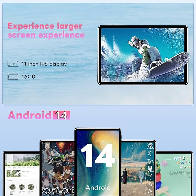 11" Tablet, Android 14 with Octa-core Processor, 12GB+128GB, 1TB Expandtion, 8000mAh Battery, IPS Large Display, BT5.0, 2.4G/5GHz WiFi Tablets (Black)