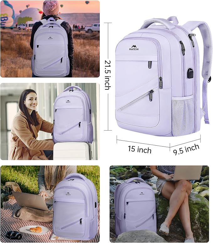 MATEIN Extra Large Laptop Backpack Women, 50 L Carry On Work Travel Bag with USB Port and Anti Theft Pocket, Water Resistant College Backpacks Fit 18.4 In Notebook Computer, Purple